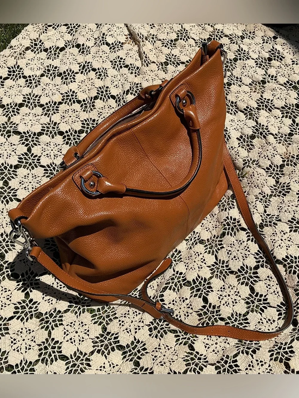 Kattee Genuine Leather Pebbled Tote Satchel Camel Brown Shoulder Crossbody Bag